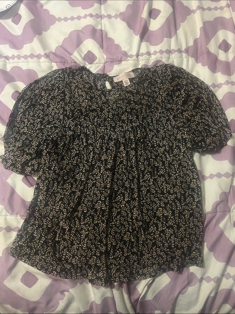 Smocked Black Floral Puff-Sleeve Blouse